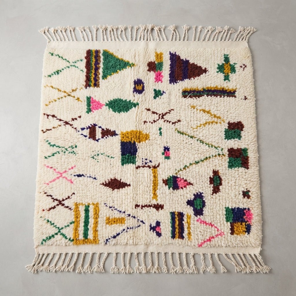 Tapis Azilal Crème & Motifs Berbères Colorés | Yamiriam - YaMiriam