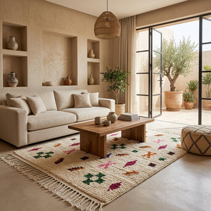 Tapis Azilal Crème & Motifs Berbères Multicolores | Yamiriam - YaMiriam