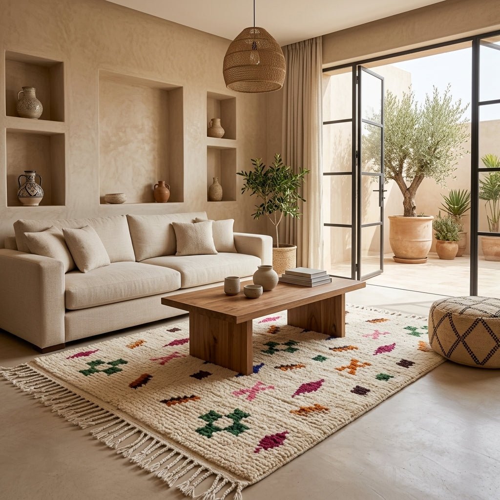 Tapis Azilal Crème & Motifs Berbères Multicolores | Yamiriam - YaMiriam