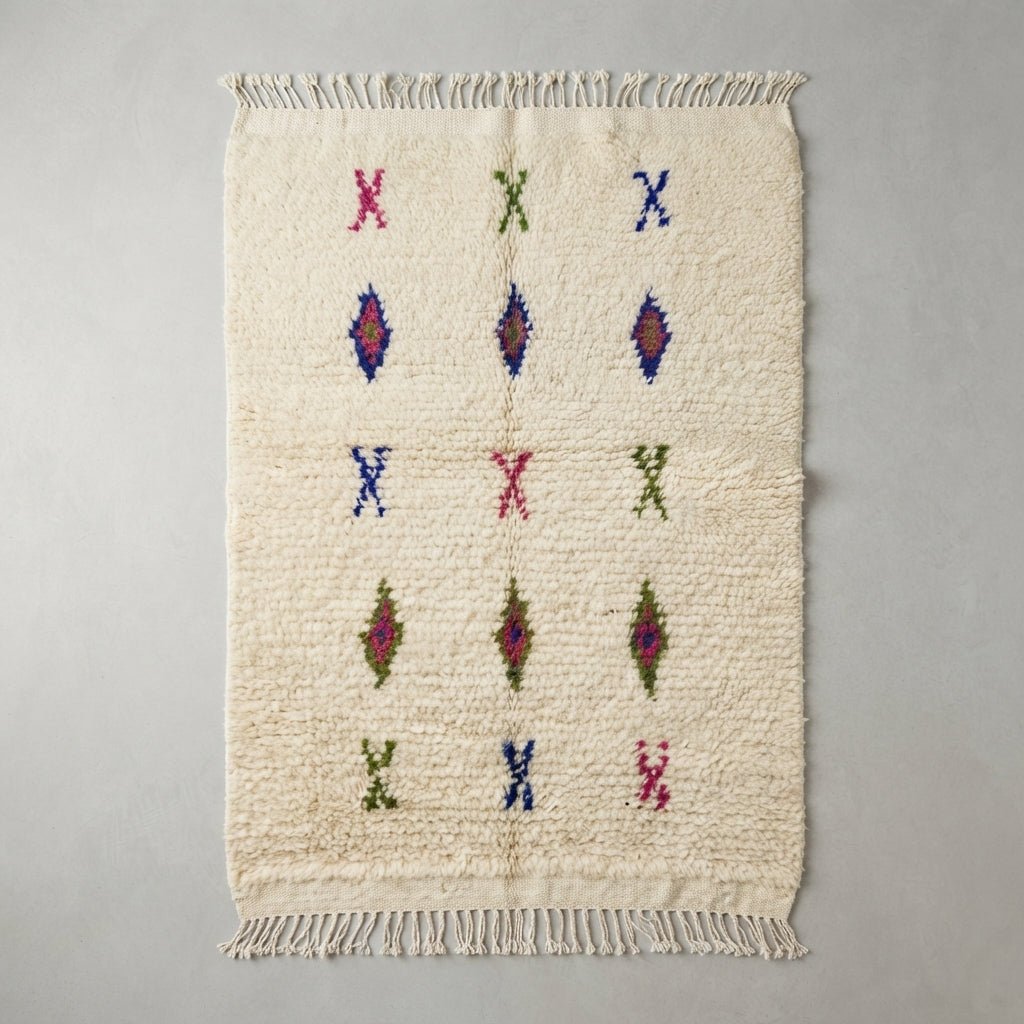 Tapis Azilal Crème & Motifs Géométriques Alumés | Yamiriam - YaMiriam