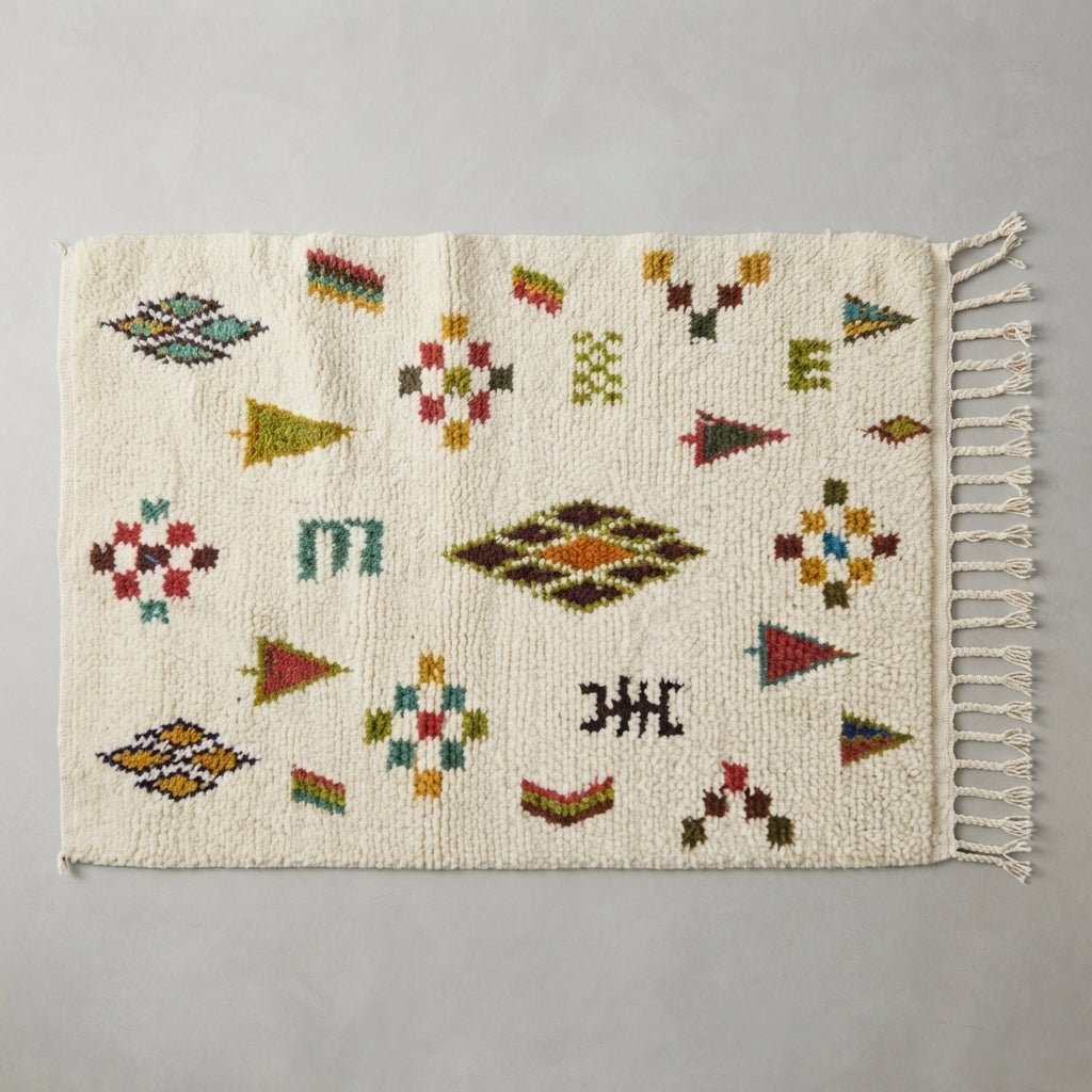 Tapis Azilal Crème & Motifs Traditionnels Variés | Yamiriam - YaMiriam