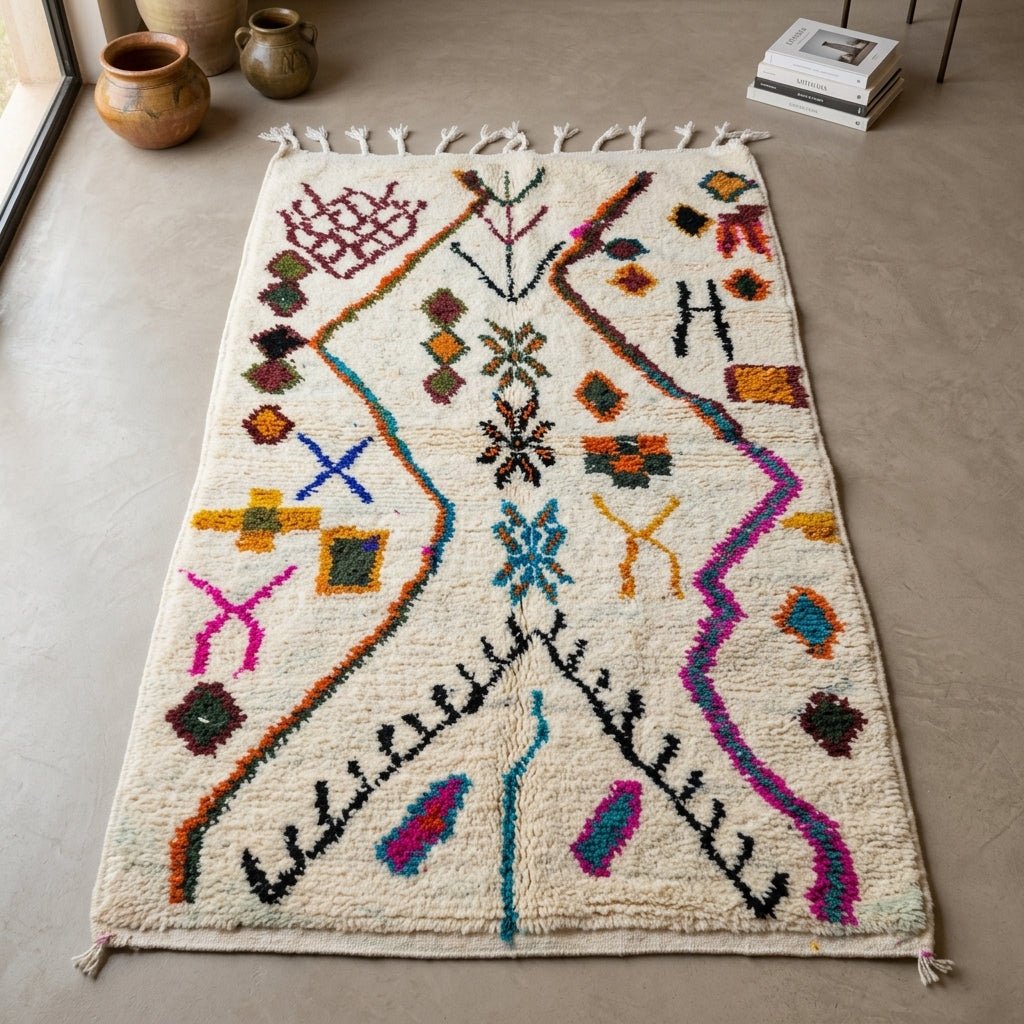 Tapis Azilal Crème & Symboles Berbères Multicolores | Yamiriam - YaMiriam