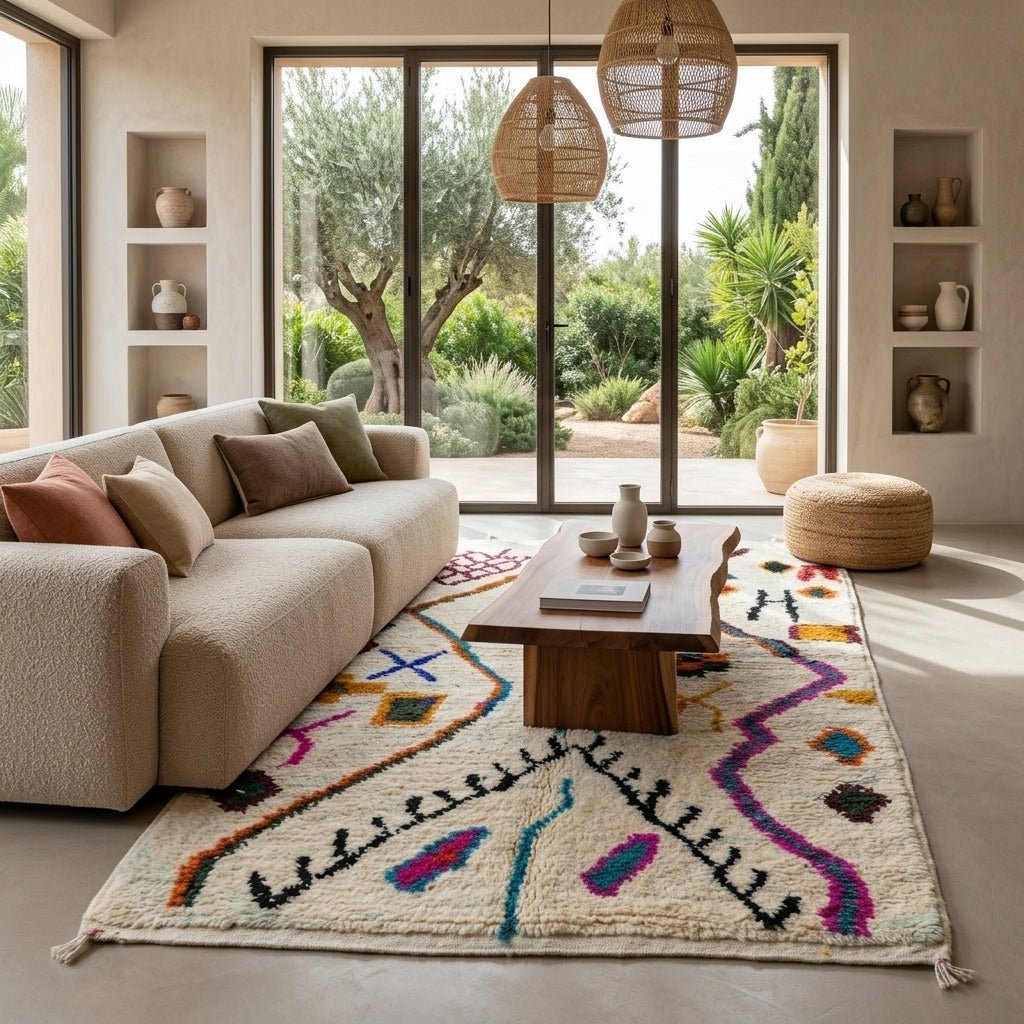 Tapis Azilal Crème & Symboles Berbères Multicolores | Yamiriam - YaMiriam