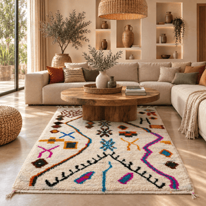 Tapis Azilal Crème & Symboles Berbères Multicolores | Yamiriam - YaMiriam