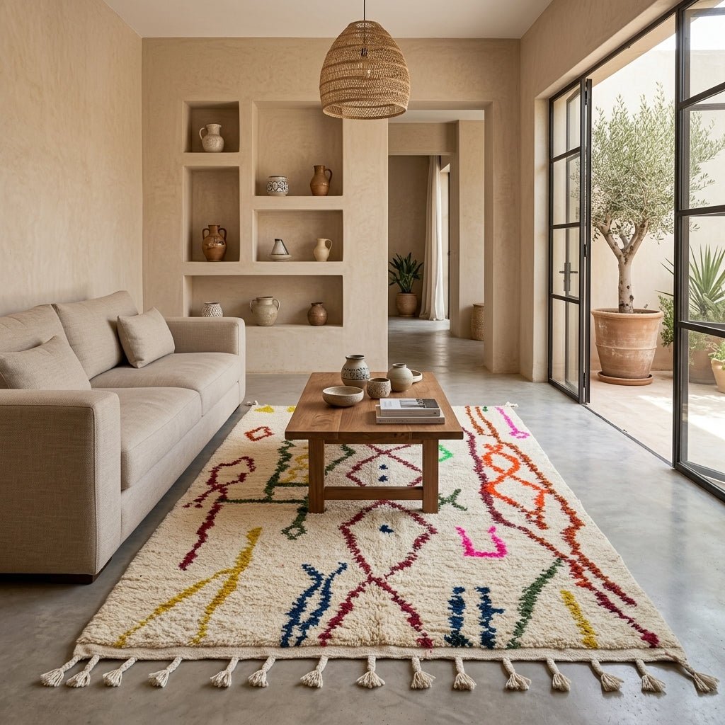 Tapis Azilal Crème & Symboles Berbères Vifs | Yamiriam - YaMiriam