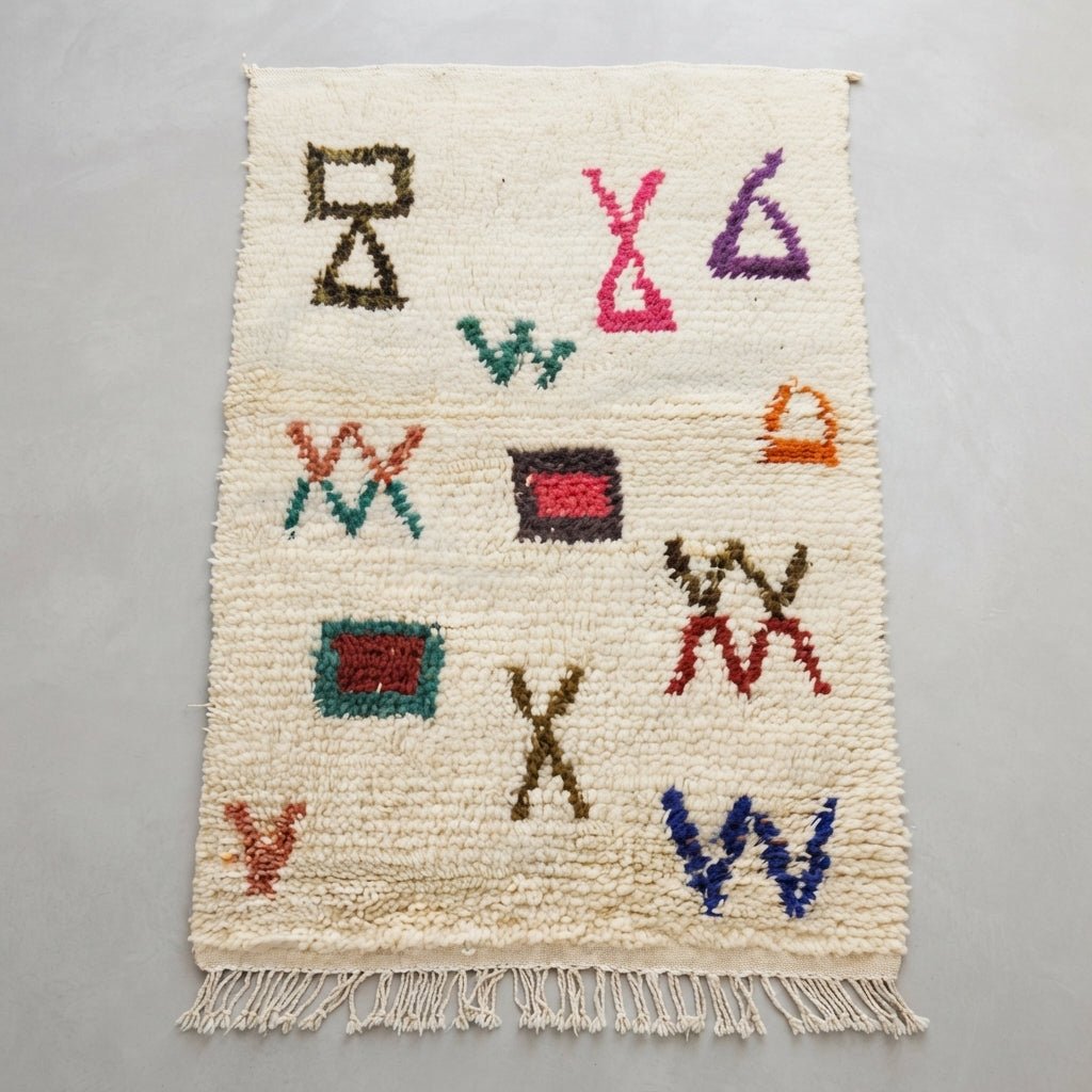 Tapis Azilal Crème & Symboles Géométriques Épars | Yamiriam - YaMiriam