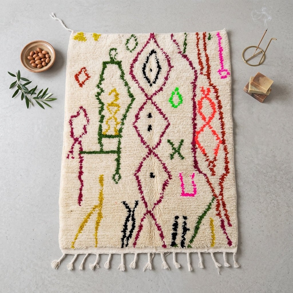 Tapis Azilal Losanges Fuchsia & Lignes Sinueuses | Yamiriam - YaMiriam