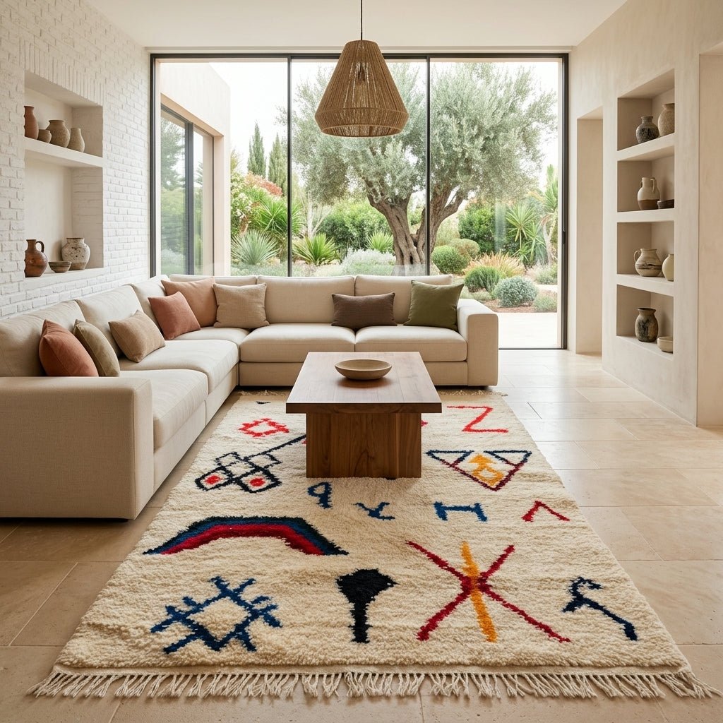 Tapis Azilal Symboles Amazighs Variés Fond Crème | Yamiriam - YaMiriam