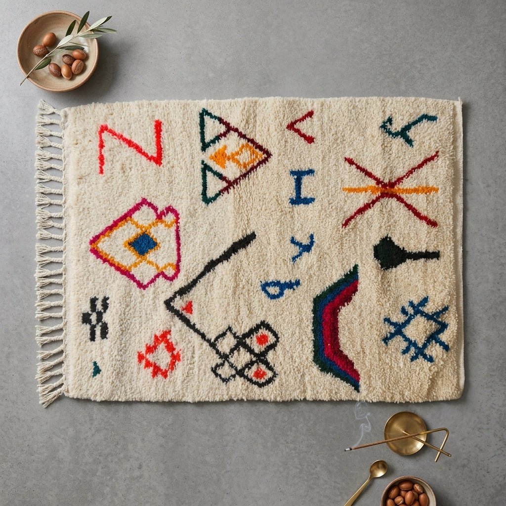 Tapis Azilal Symboles Amazighs Variés Fond Crème | Yamiriam - YaMiriam