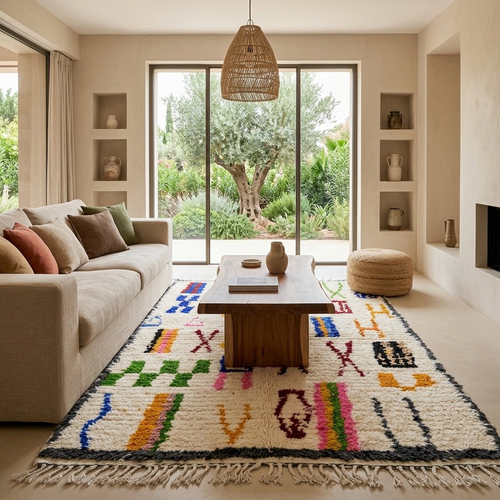 Tapis Azilal Symboles Multicolores & Bordure Sombre | Yamiriam - YaMiriam