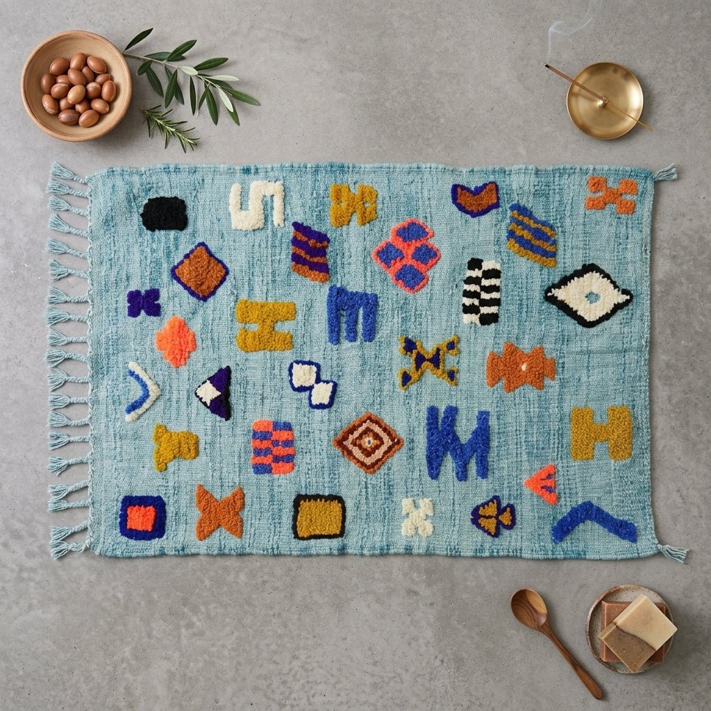 Tapis Azilal Taznakht Bleu Ciel & Motifs Berbères | Yamiriam - YaMiriam