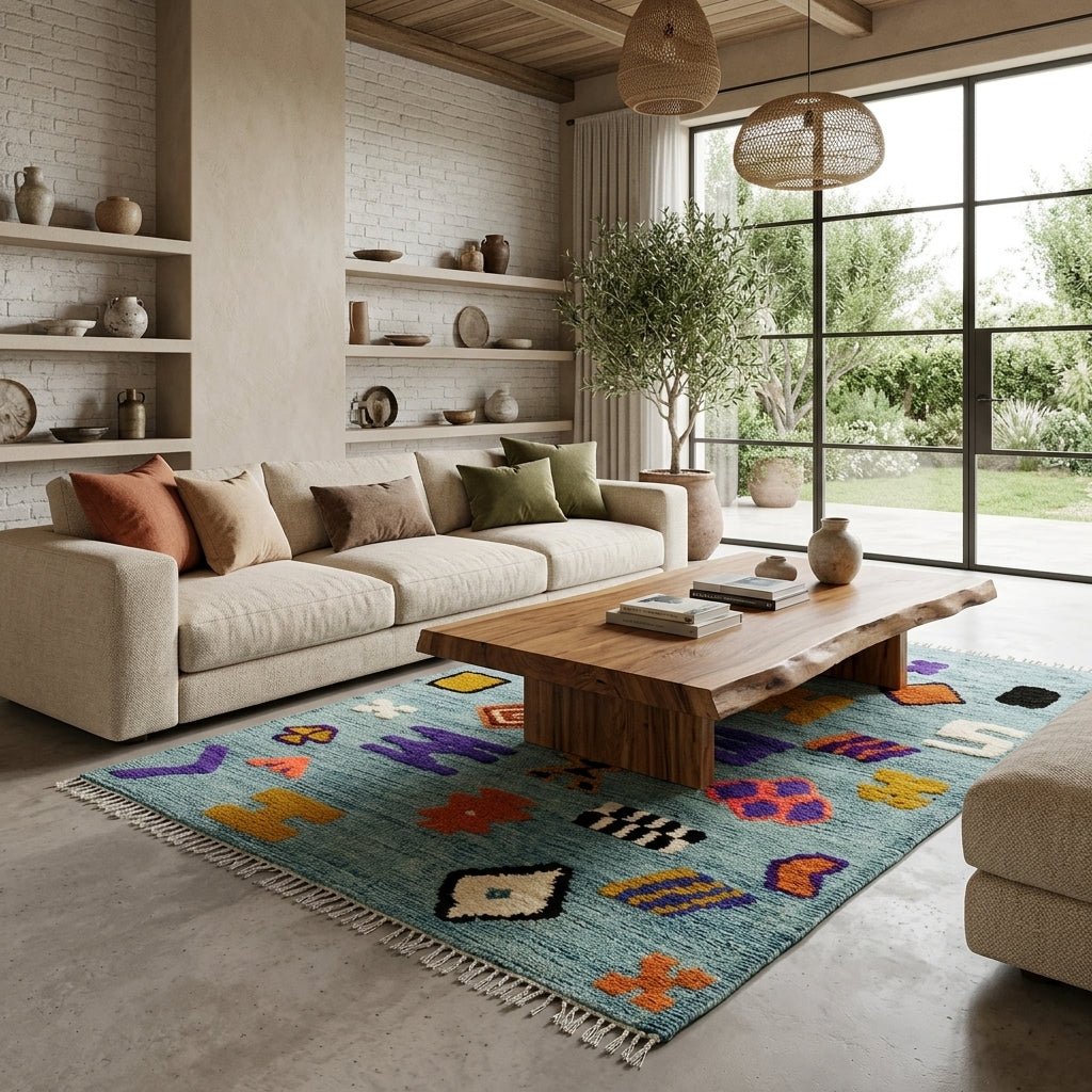 Tapis Azilal Taznakht Bleu Ciel & Motifs Berbères | Yamiriam - YaMiriam