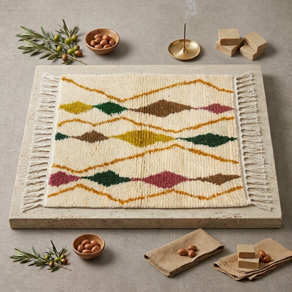 Tapis Beni Ourain Azilal Crème & Losanges Colorés | Yamiriam - YaMiriam
