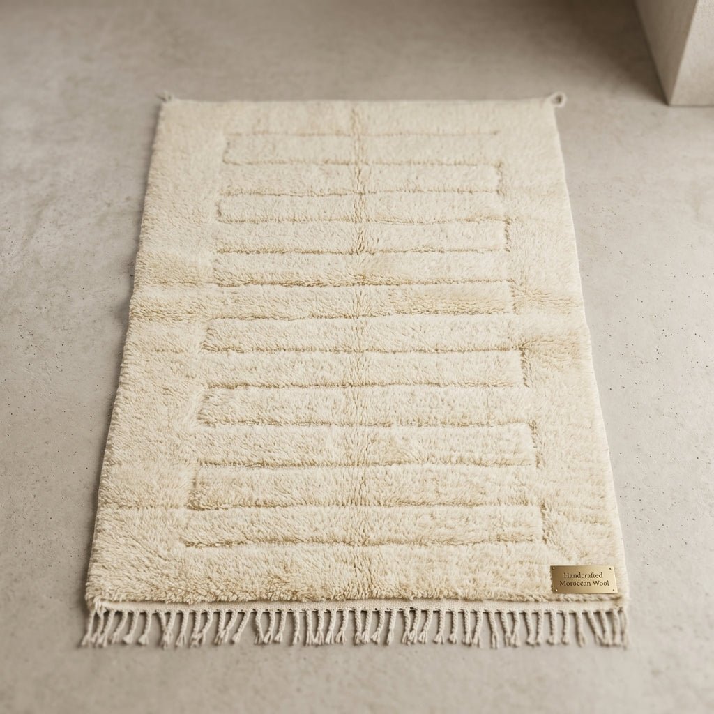Tapis Beni Ourain Blanc Crème à Lignes en Relief | Yamiriam - YaMiriam