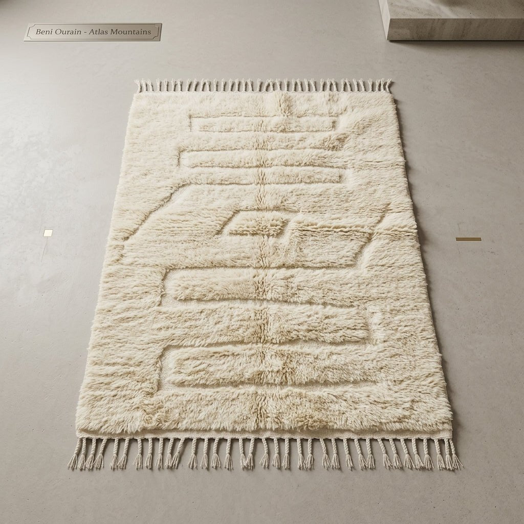 Tapis Beni Ourain Blanc Crème à Motifs en Relief | Yamiriam - YaMiriam