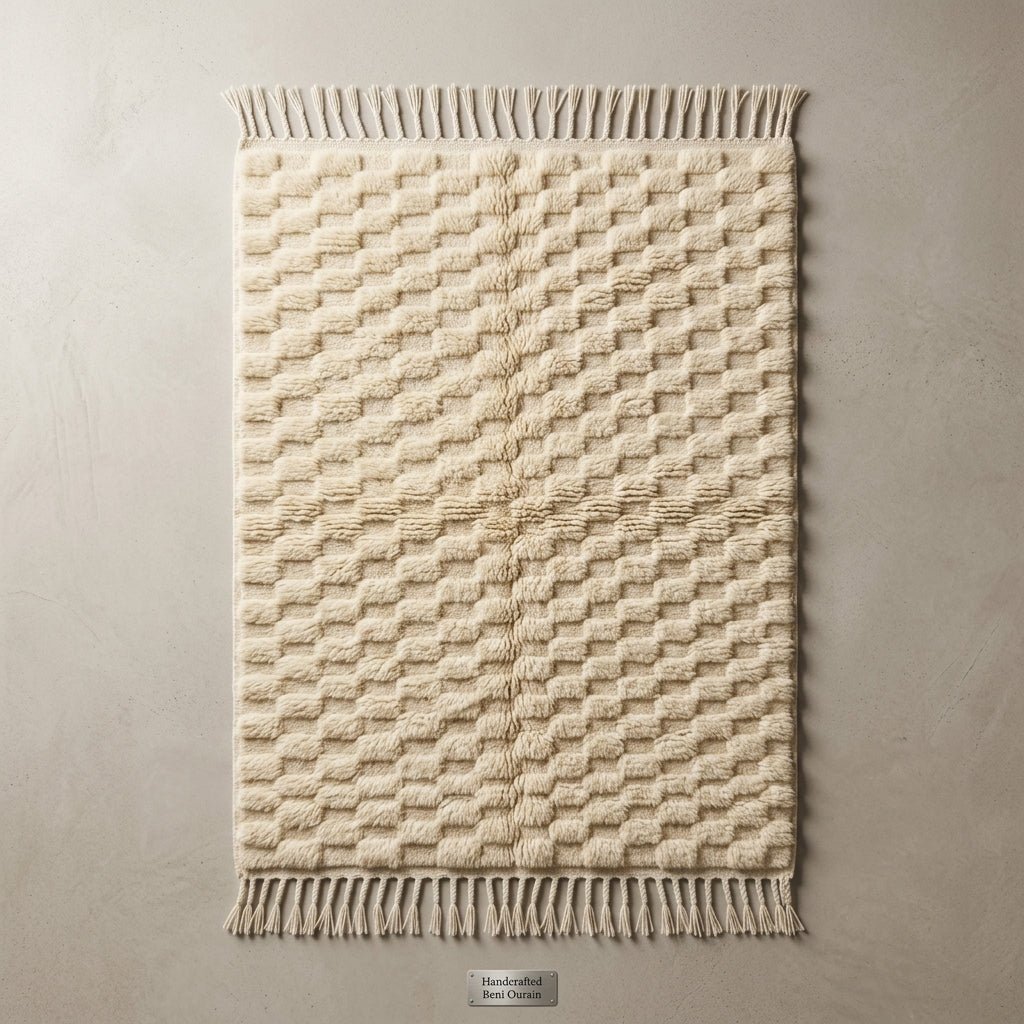 Tapis Beni Ourain Blanc Crème Damier en Relief | Yamiriam - YaMiriam