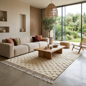 Tapis Beni Ourain Blanc Crème Damier en Relief | Yamiriam - YaMiriam