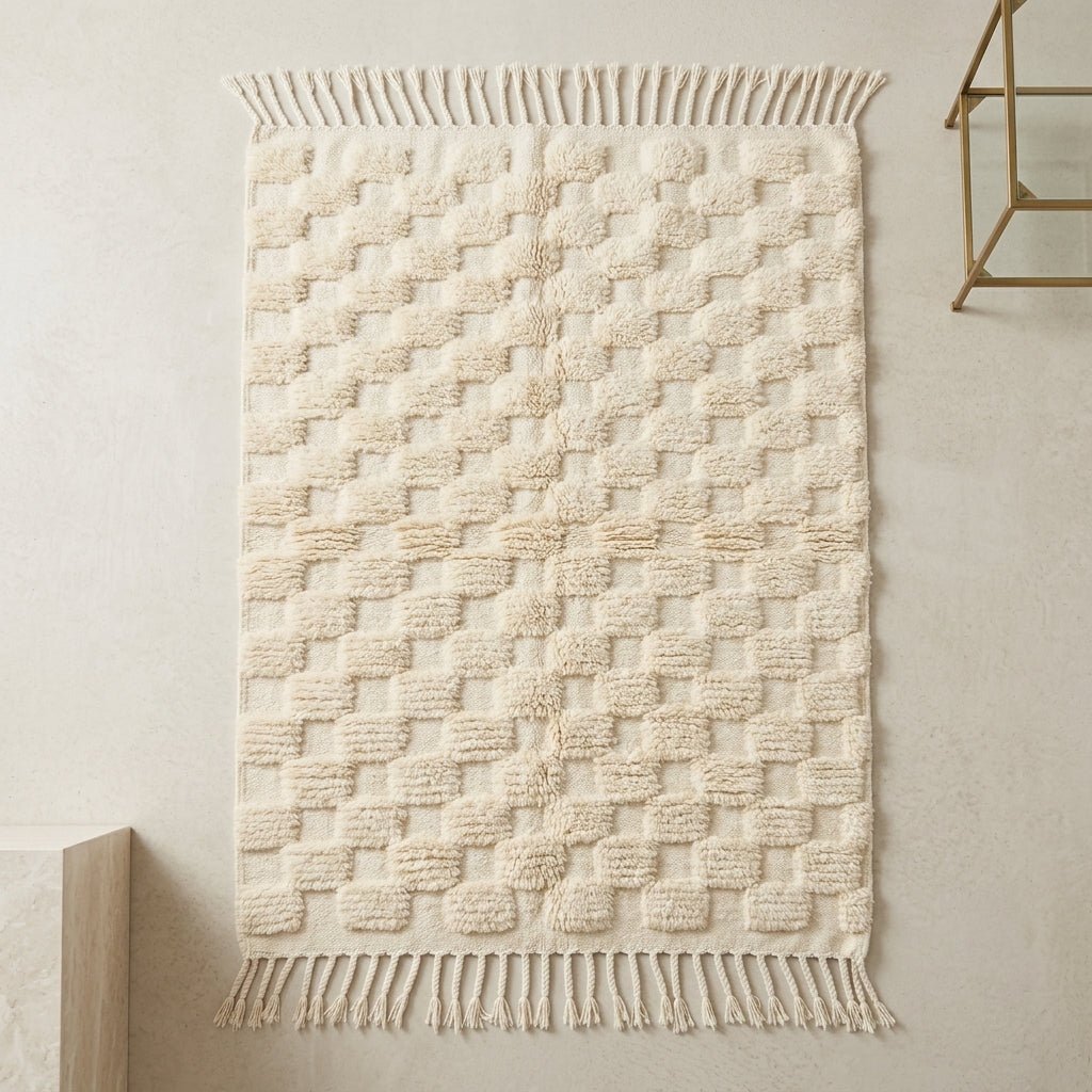 Tapis Beni Ourain Blanc Crème Damier Relief | Yamiriam - YaMiriam