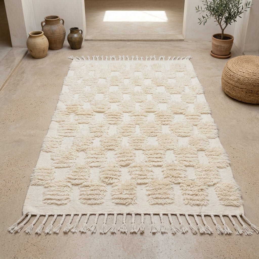 Tapis Beni Ourain Blanc Crème Damier Texturé | Yamiriam - YaMiriam