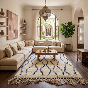 Tapis Beni Ourain Blanc & Losanges Bleu Roi | Yamiriam - YaMiriam