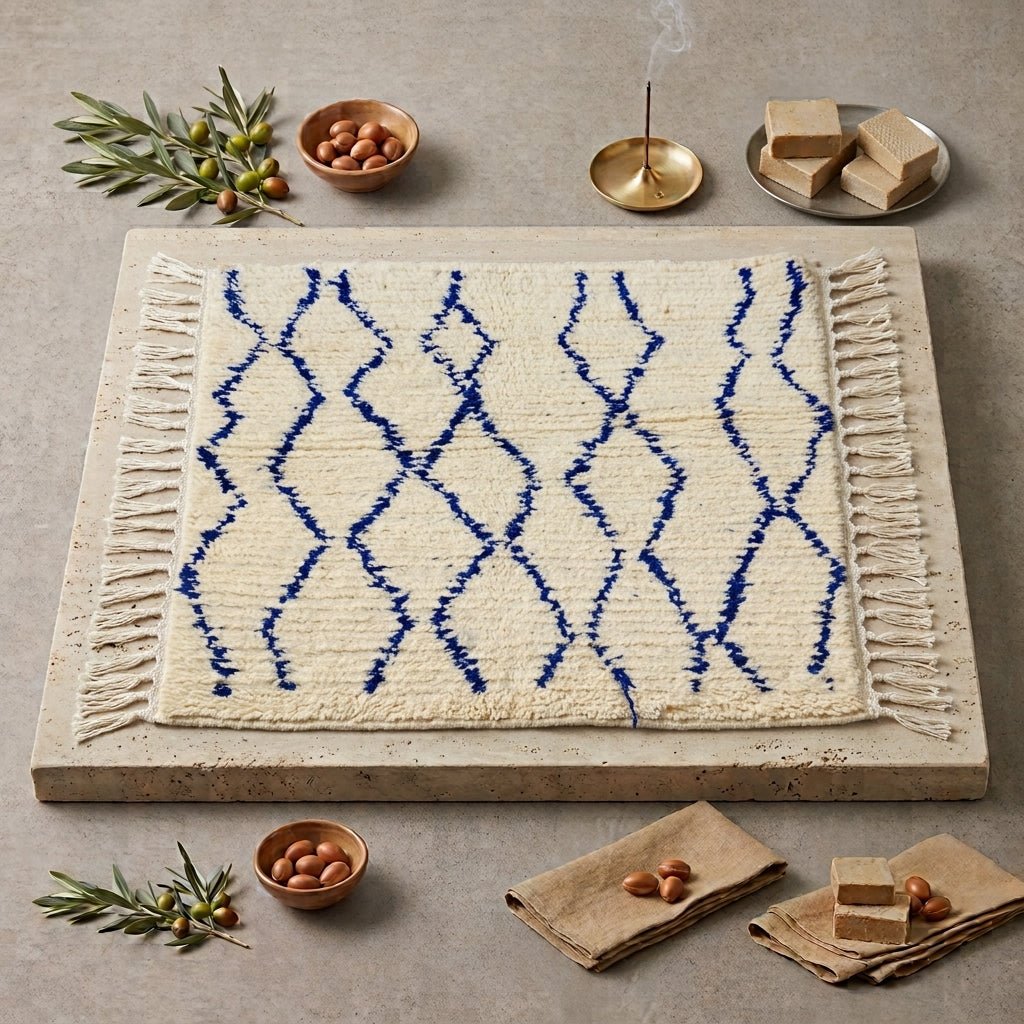 Tapis Beni Ourain Blanc & Losanges Bleu Roi | Yamiriam - YaMiriam