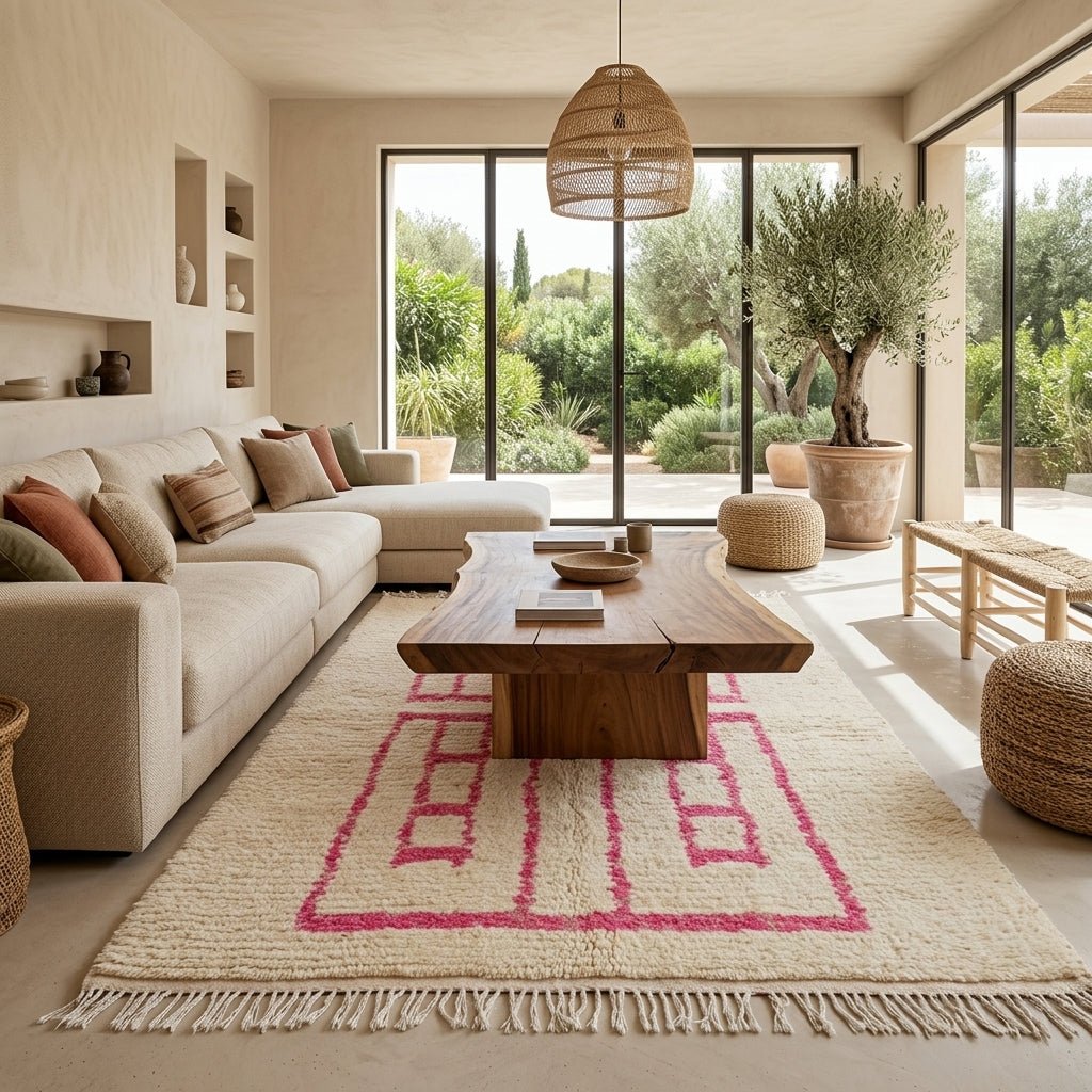 Tapis Beni Ourain Cadres Rose Fuchsia & Motifs | Yamiriam - YaMiriam