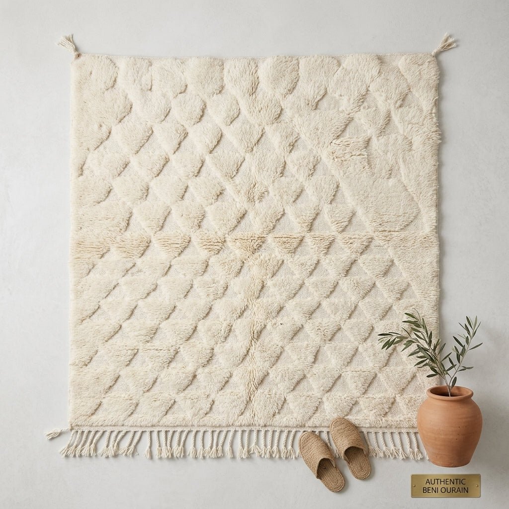 Tapis Beni Ourain Crème à Motifs Triangulaires | Yamiriam - YaMiriam