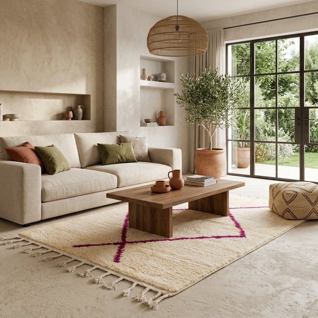 Tapis Beni Ourain Crème & Grand Losange Rose | Yamiriam - YaMiriam