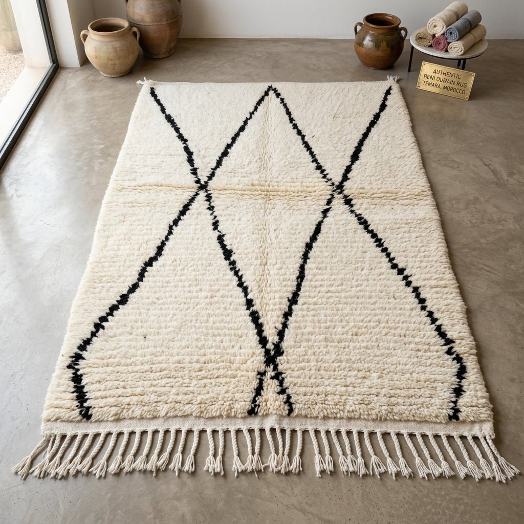 Tapis Beni Ourain Crème & Grands Losanges Noirs | Yamiriam - YaMiriam