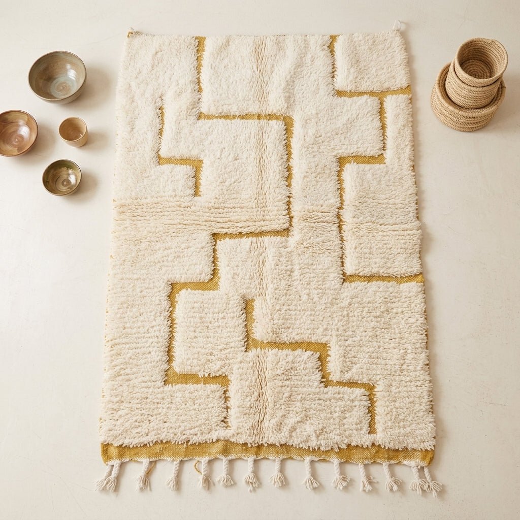 Tapis Beni Ourain Crème & Jaune Moutarde | Yamiriam - YaMiriam