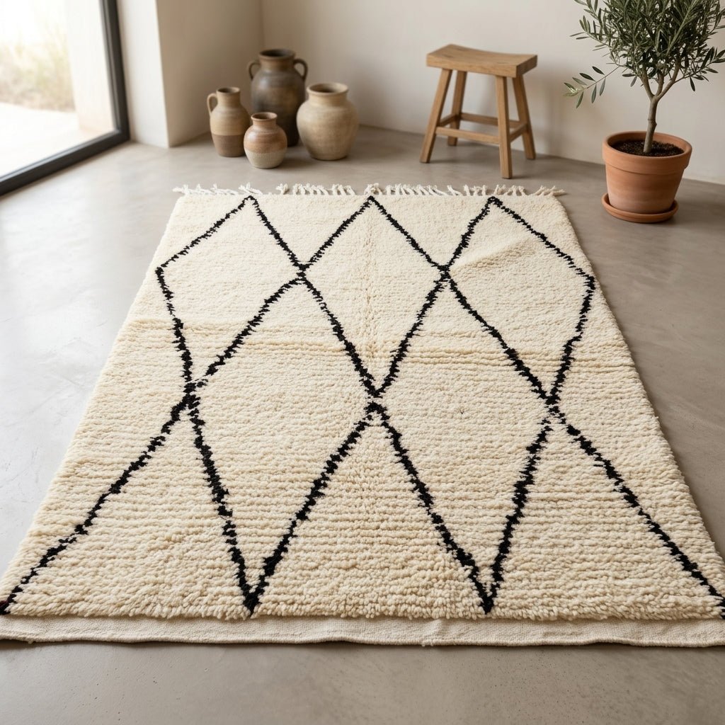 Tapis Beni Ourain Crème & Losanges Noirs Classiques | Yamiriam - YaMiriam