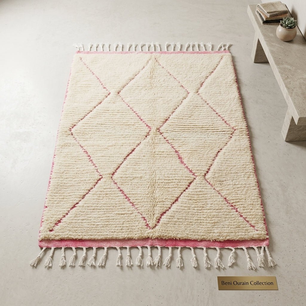 Tapis Beni Ourain Crème & Losanges Roses Rouges | Yamiriam - YaMiriam