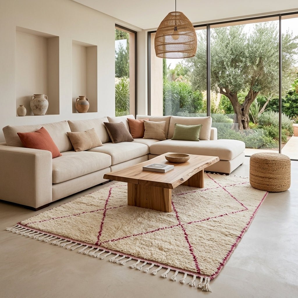 Tapis Beni Ourain Crème & Losanges Violet Rose | Yamiriam - YaMiriam