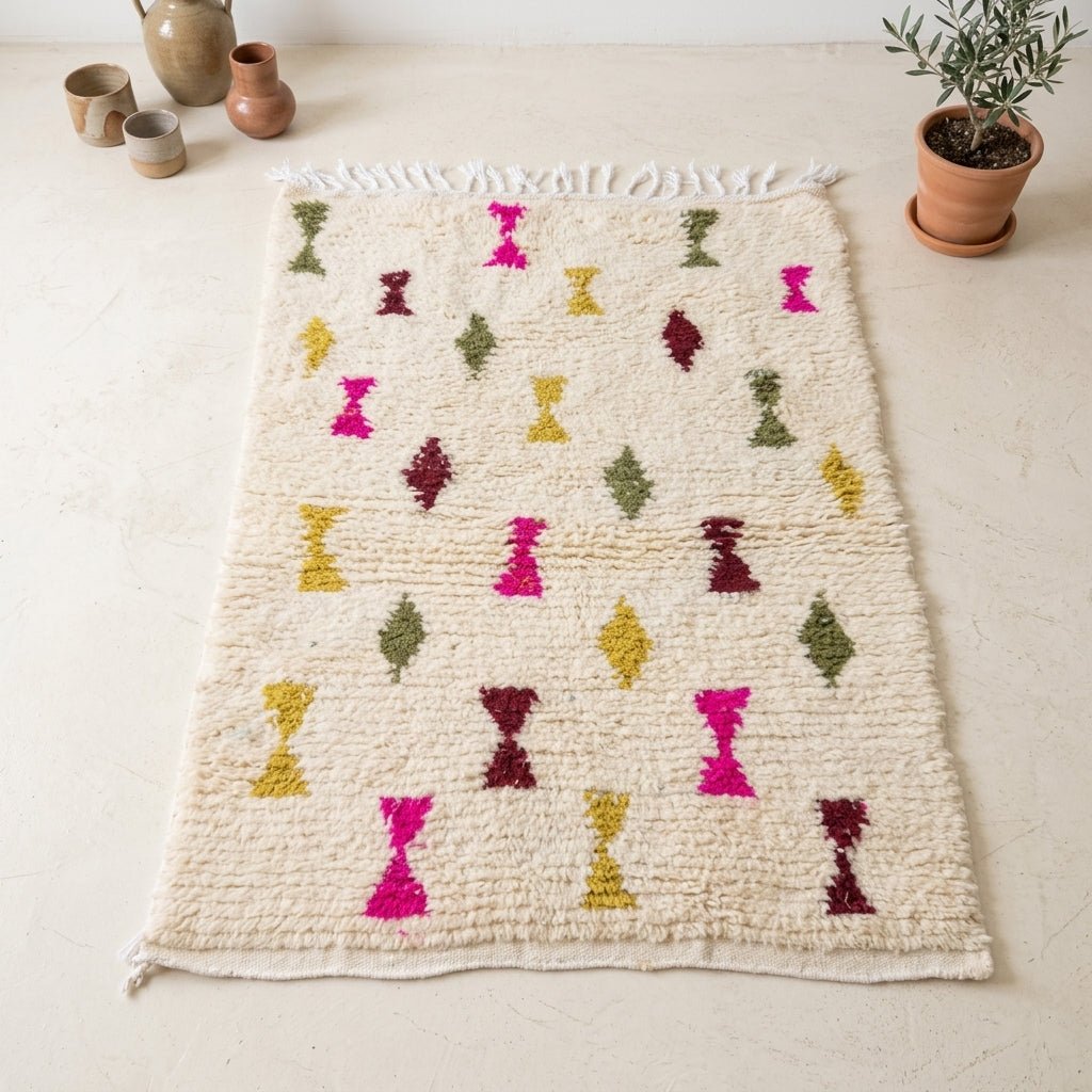 Tapis Beni Ourain Crème Papillons & Sabliers | Yamiriam - YaMiriam
