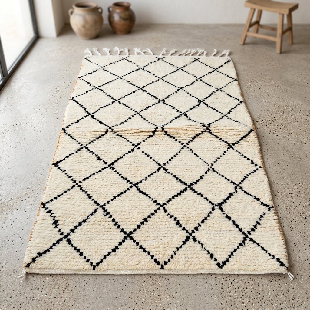 Tapis Beni Ourain Crème & Petits Losanges Noirs | Yamiriam - YaMiriam