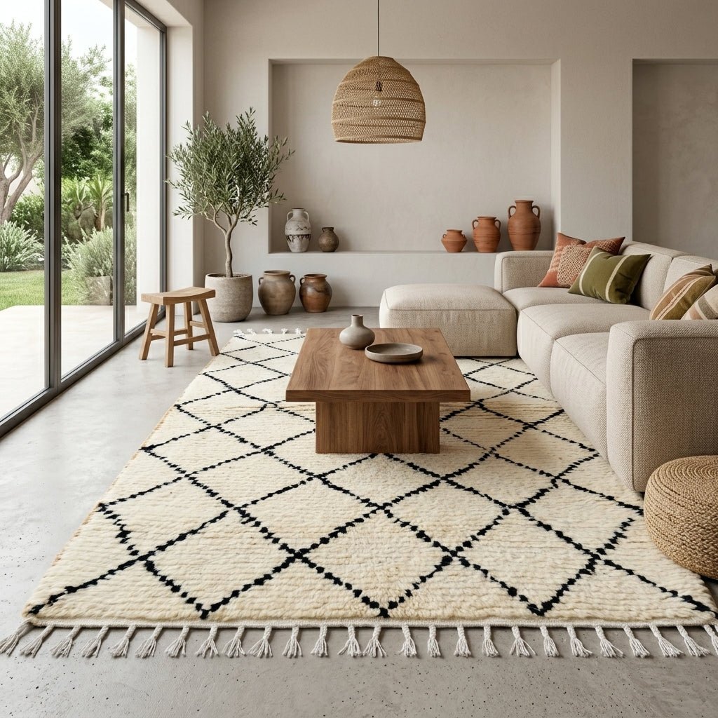 Tapis Beni Ourain Crème & Petits Losanges Noirs | Yamiriam - YaMiriam