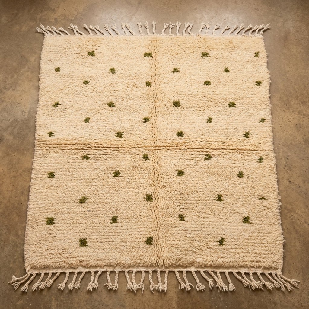 Tapis Beni Ourain Crème & Pois Vert Olive | Yamiriam - YaMiriam