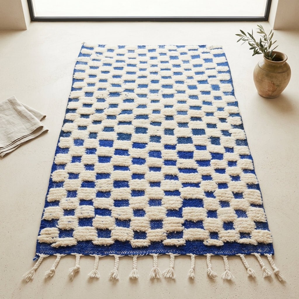 Tapis Beni Ourain Damier Bleu Blanc Crème | Yamiriam - YaMiriam