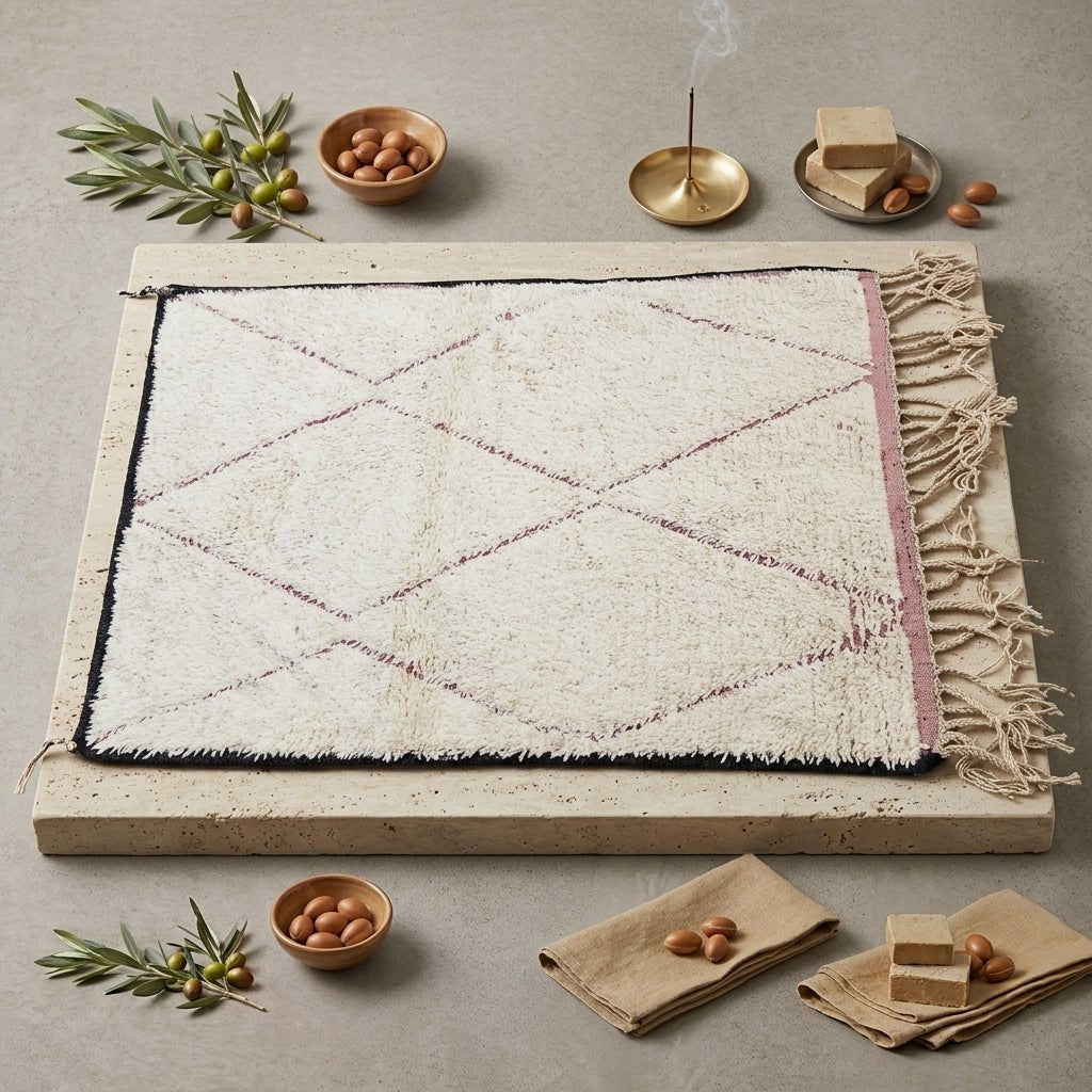Tapis Beni Ourain Laine - Fond Blanc & Losanges Roses | Yamiriam - YaMiriam