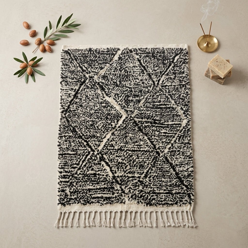Tapis Beni Ourain Noir Gris & Losanges Blancs | Yamiriam - YaMiriam