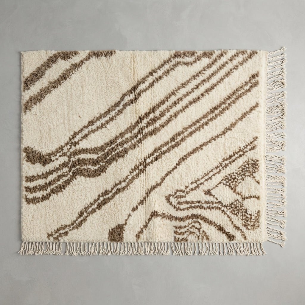 Tapis Berbère Crème & Lignes Ondulées Marron | Yamiriam - YaMiriam