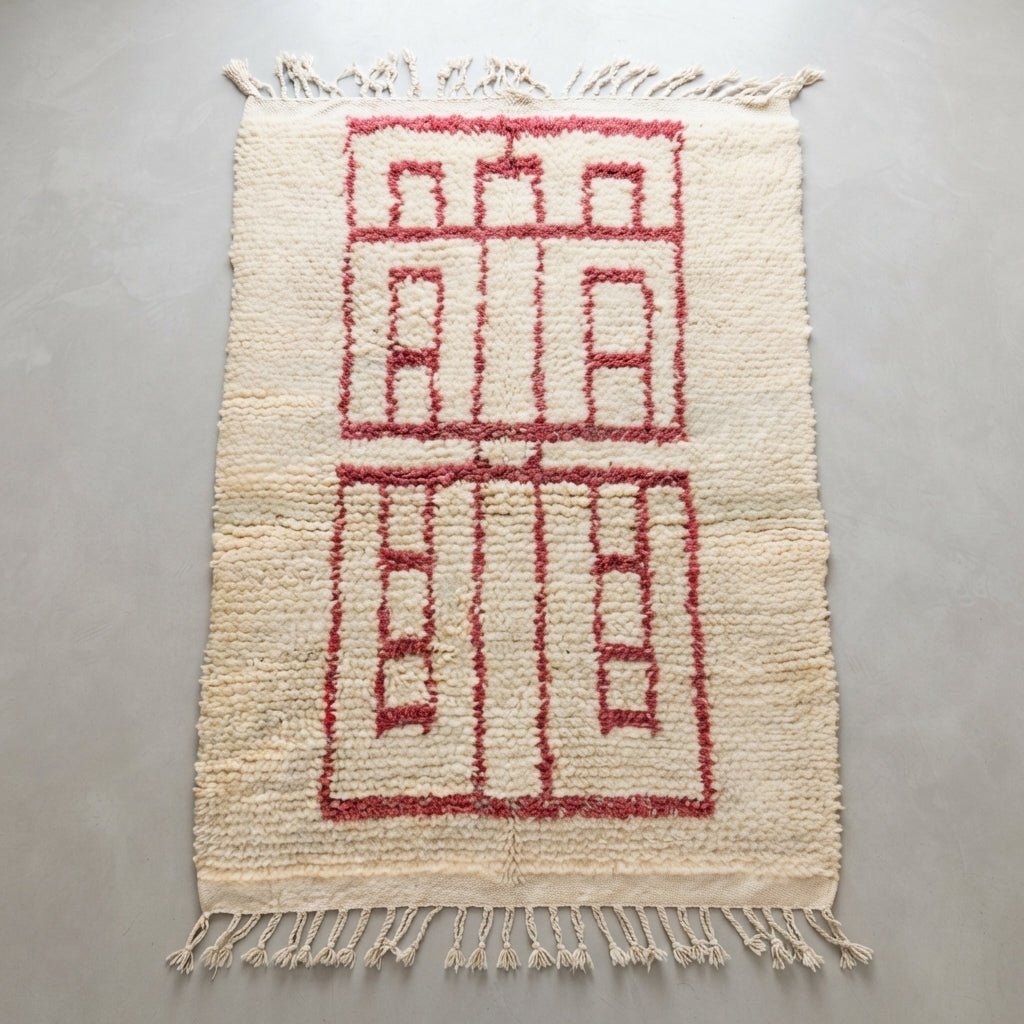 Tapis Berbère Crème & Motifs Géométriques Rouges | Yamiriam - YaMiriam