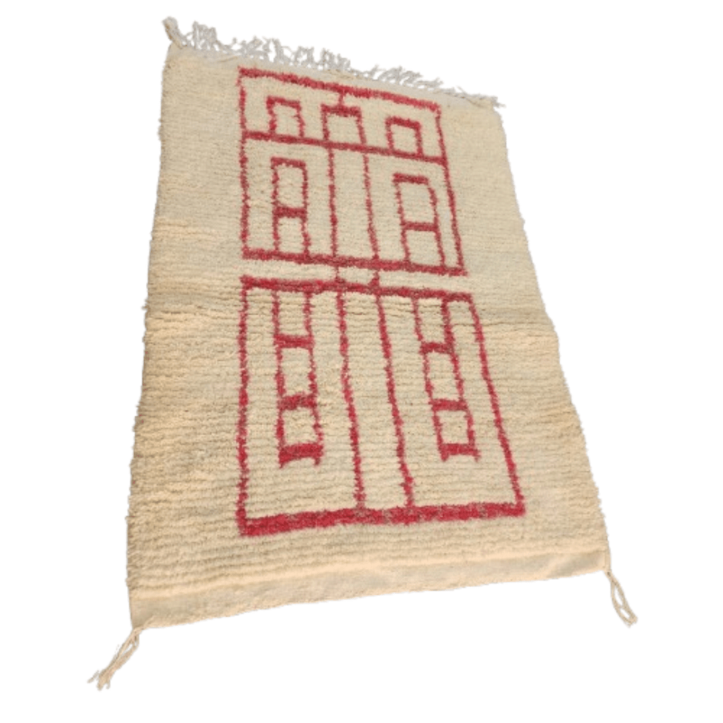 Tapis Berbère Crème & Motifs Géométriques Rouges | Yamiriam - YaMiriam