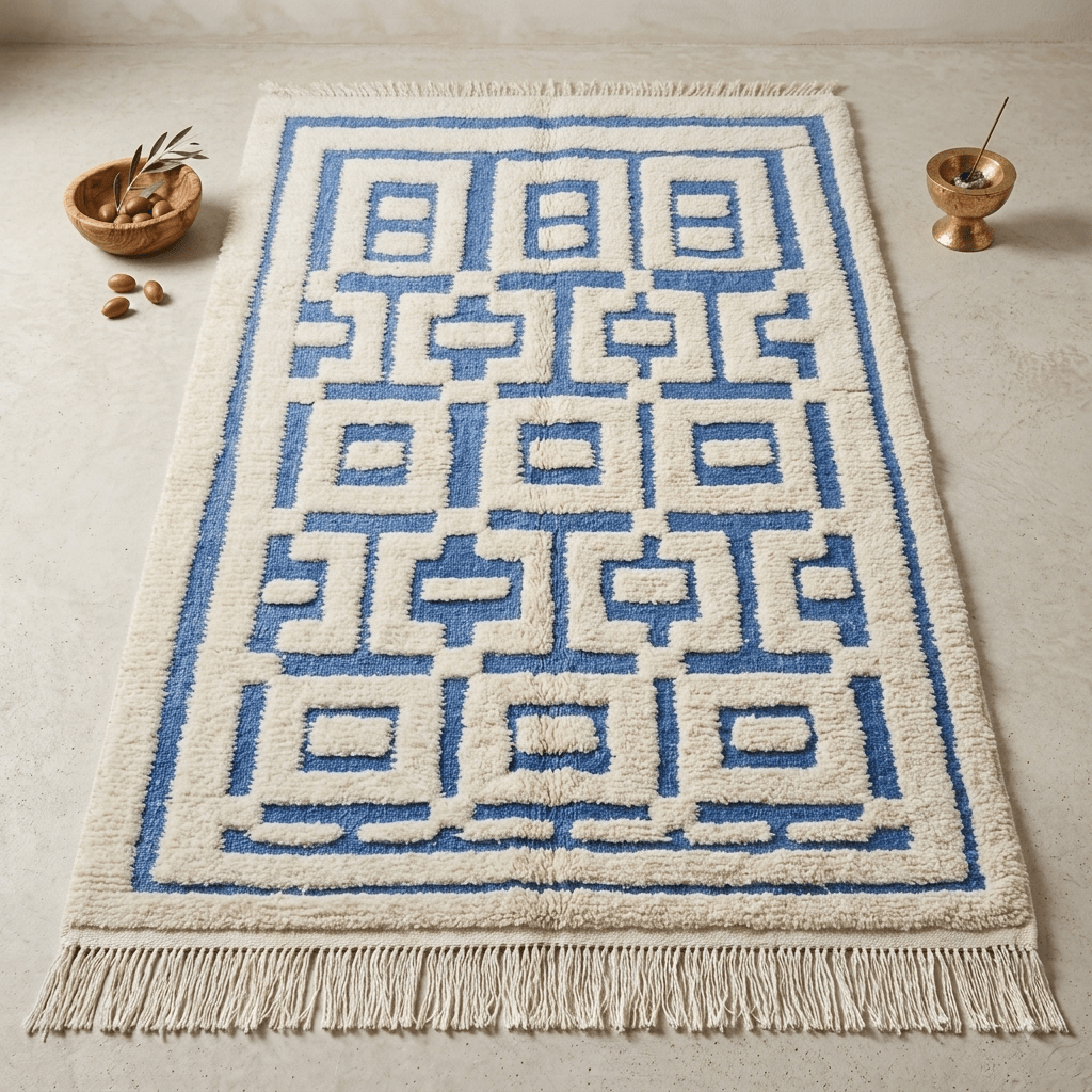 Tapis Berbère Géométrique Bleu et Crème | Yamiriam - YaMiriam