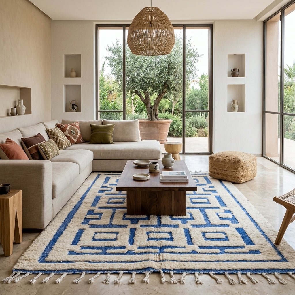 Tapis Berbère Géométrique Bleu et Crème | Yamiriam - YaMiriam