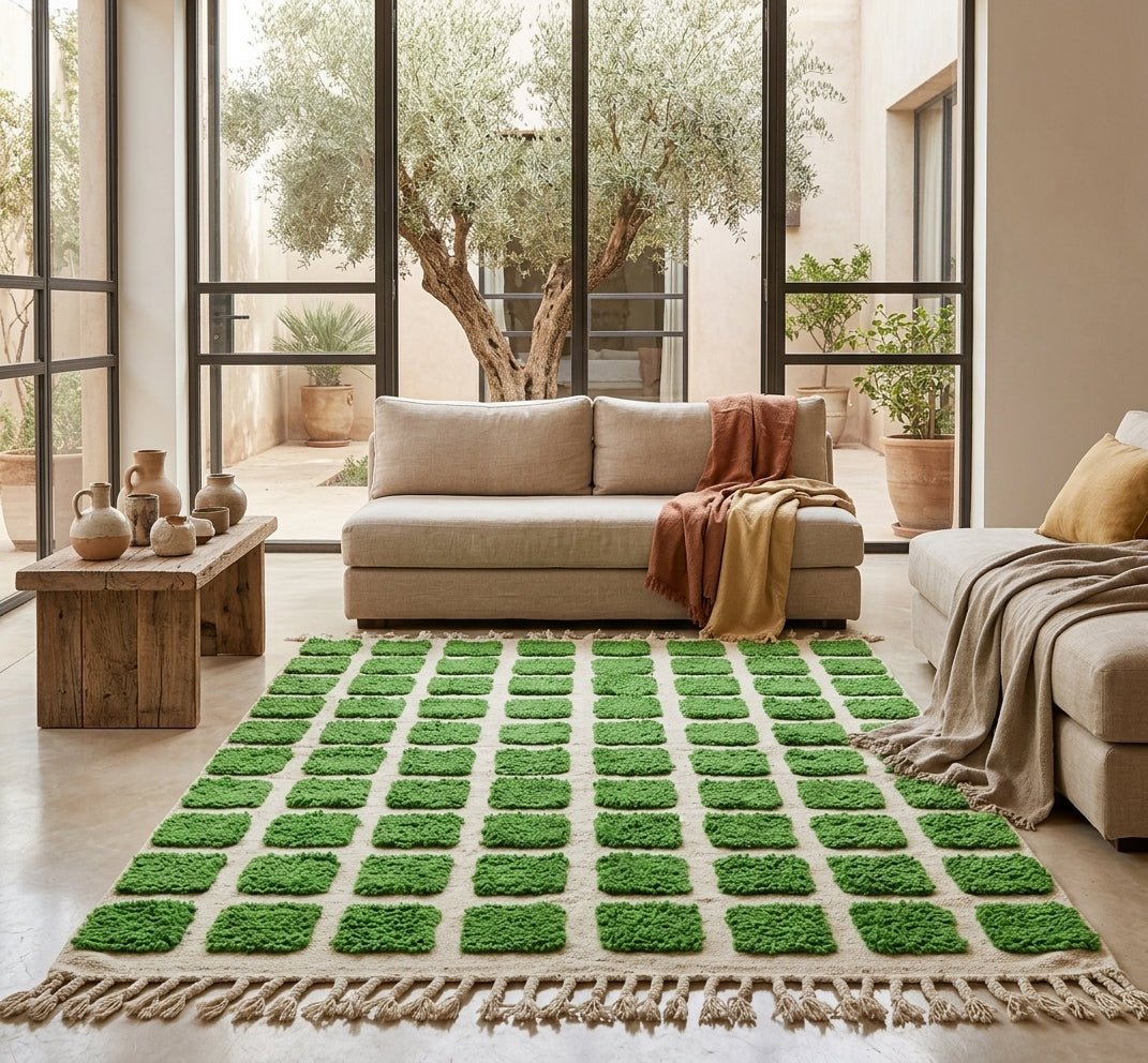 Tapis Berbère Relief Carrés Verts | Yamiriam - YaMiriam