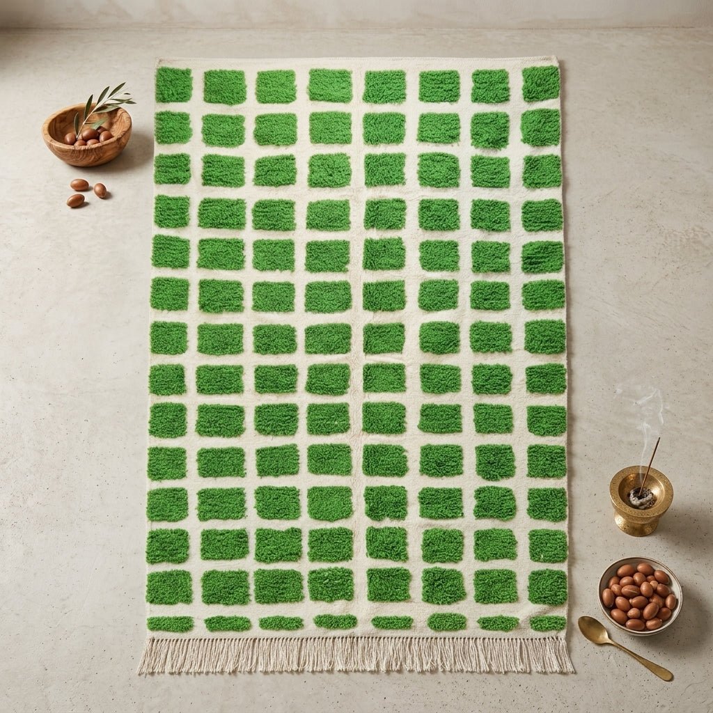 Tapis Berbère Relief Carrés Verts | Yamiriam - YaMiriam