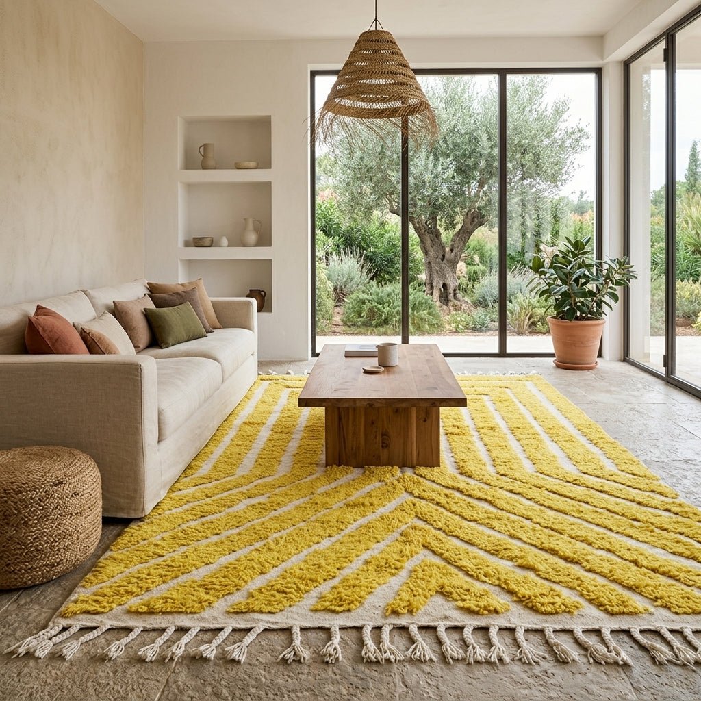 Tapis Berbère Relief Lignes Jaunes | Yamiriam - YaMiriam