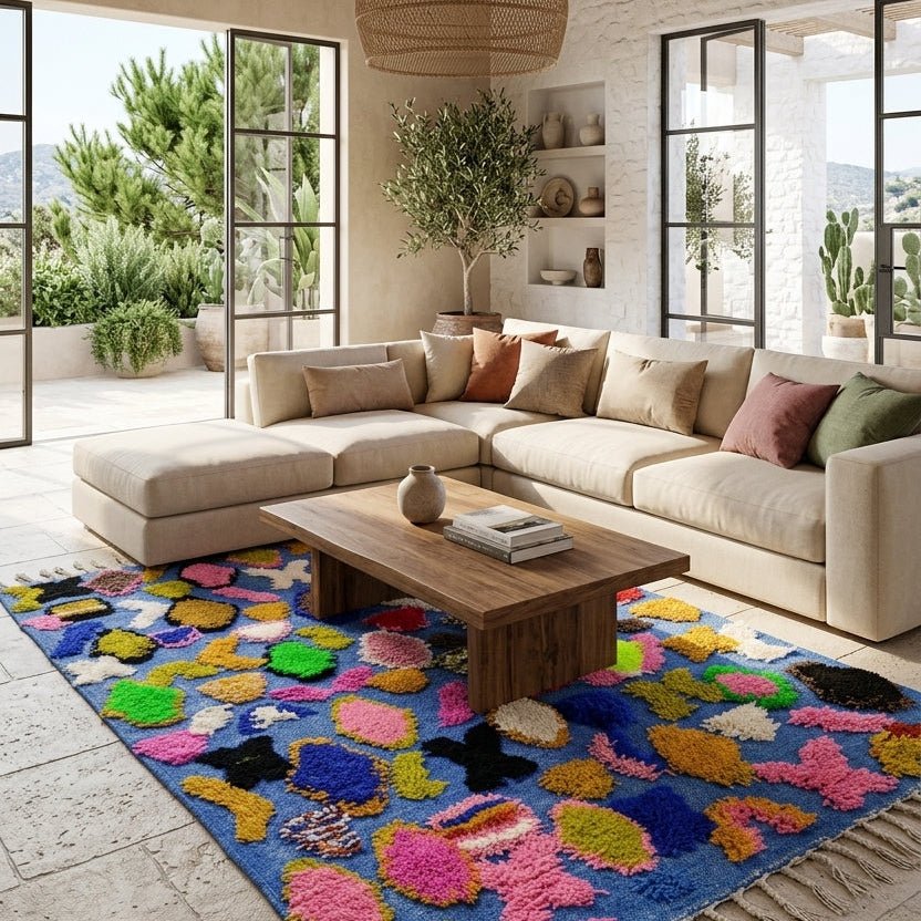 Tapis Boucherouite Bleu & Motifs Abstraits Colorés | Yamiriam - YaMiriam