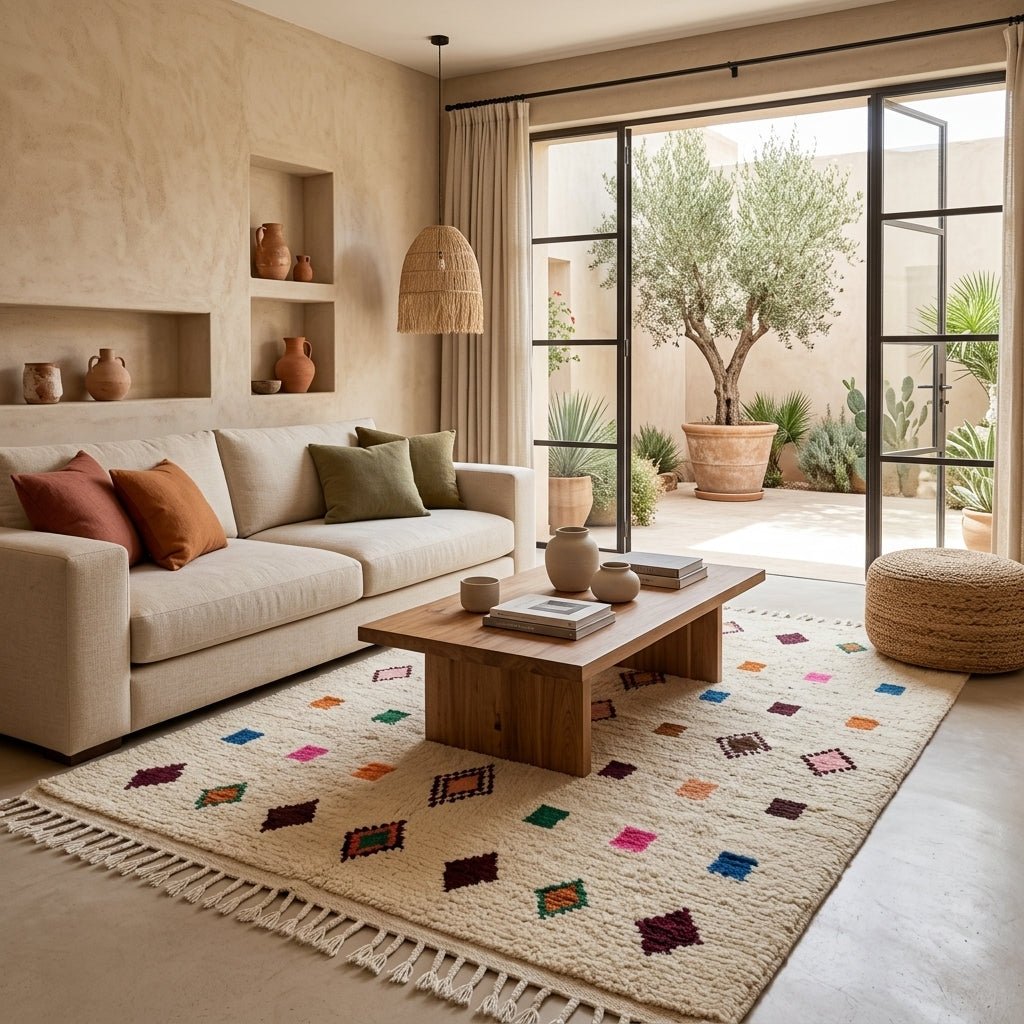 Tapis Boucherouite Crème & Carrés Épars | Yamiriam - YaMiriam